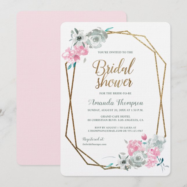 Boho Watercolor Floral bridal shower Pink Gold Invitation (Front/Back)
