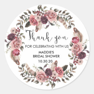 Boho Watercolor  Floral Bridal Shower Thank You Classic Round Sticker