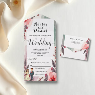 Boho Watercolor Floral Bride And Groom Wedding All In One Invitation