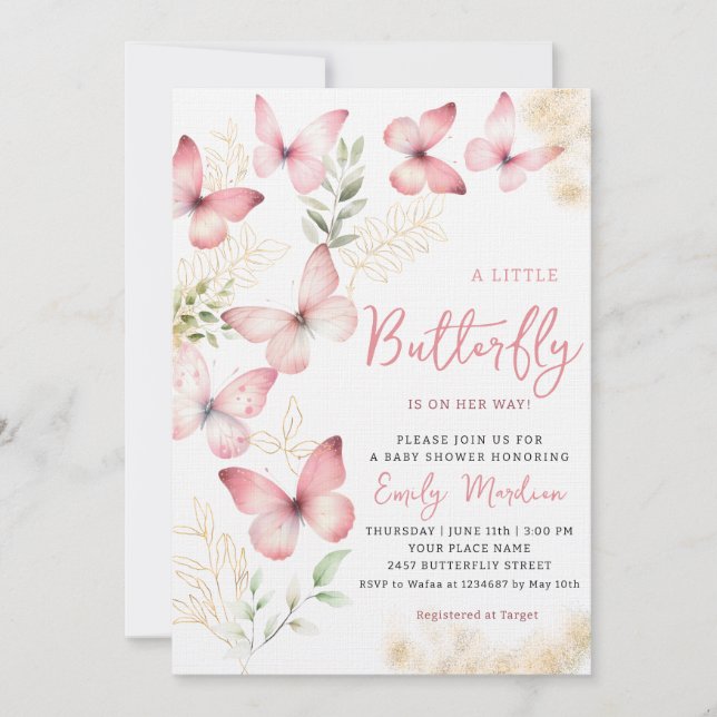 Boho Watercolor Floral Butterfly Girl Baby Shower Invitation (Front)