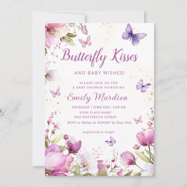 Boho Watercolor Floral Butterfly Girl Baby Shower  Invitation (Front)