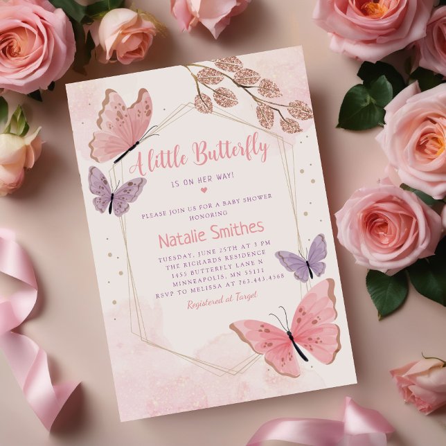 Boho Watercolor Floral Butterfly Girl Baby Shower  Invitation (Creator Uploaded)