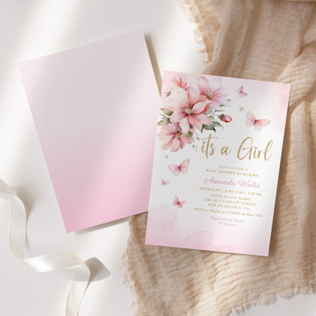 Boho Watercolor Floral Butterfly Girl Baby Shower  Invitation (Creator Uploaded)