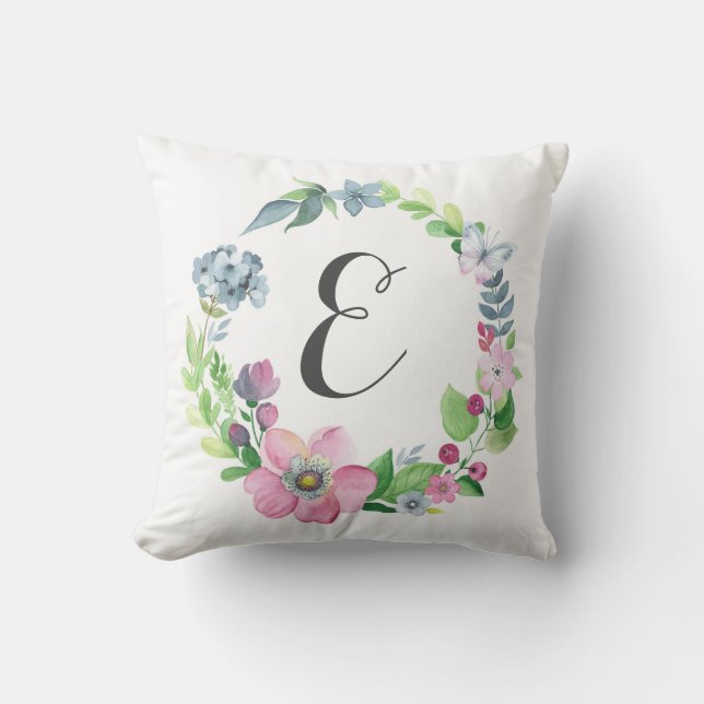 Boho Watercolor Floral & Butterfly | Monogram Cushion (Front)