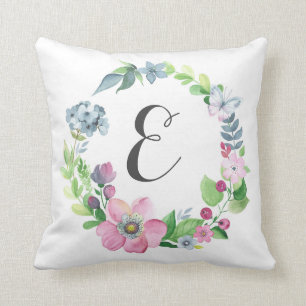 Boho Watercolor Floral & Butterfly   Monogram Cushion