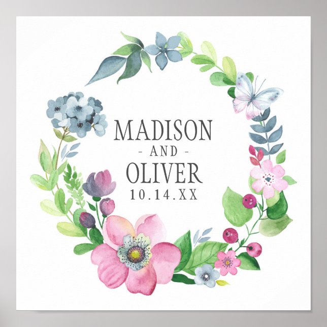 Boho Watercolor Floral & Butterfly | Wedding Poster (Front)