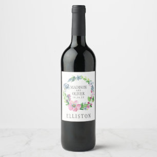 Boho Watercolor Floral & Butterfly   Wedding Wine Label