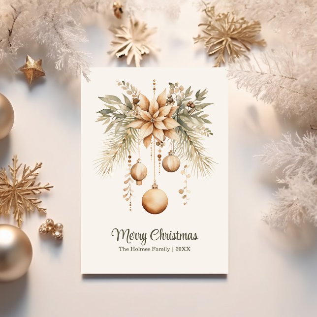 Boho Watercolor Floral Christmas Ornament Holiday Card (Boho Watercolor Floral Christmas Ornament Holiday Card surrounded with golden Christmas ornaments.)