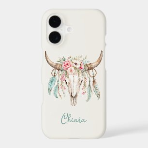 Boho Watercolor Floral Cow Skull
