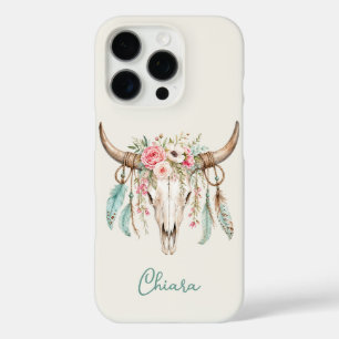 Boho Watercolor Floral Cow Skull iPhone 16 Pro Case