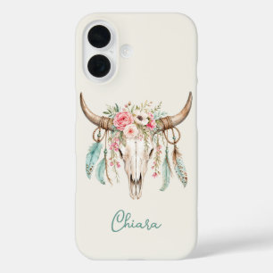 Boho Watercolor Floral Cow Skull iPhone 16 Case