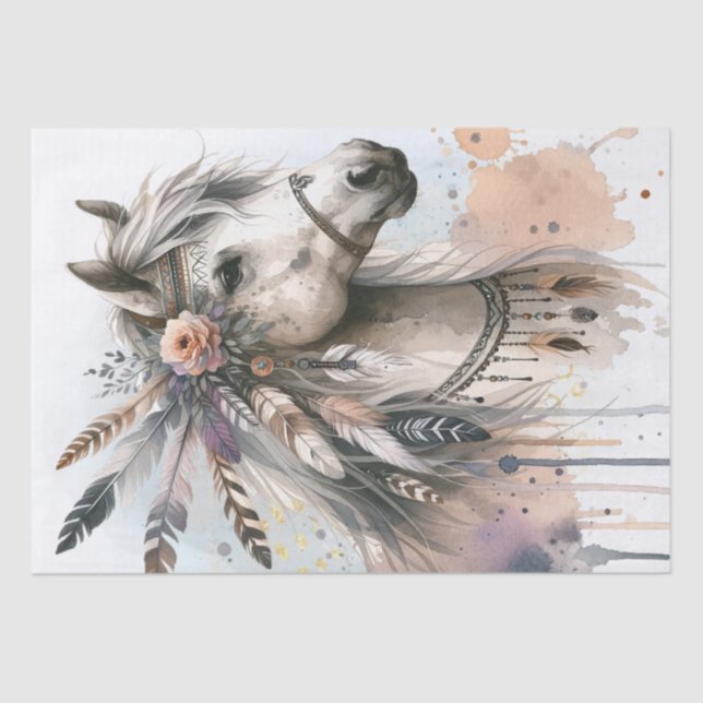 Boho Watercolor Floral Feather Horse Tissue Paper (Front)