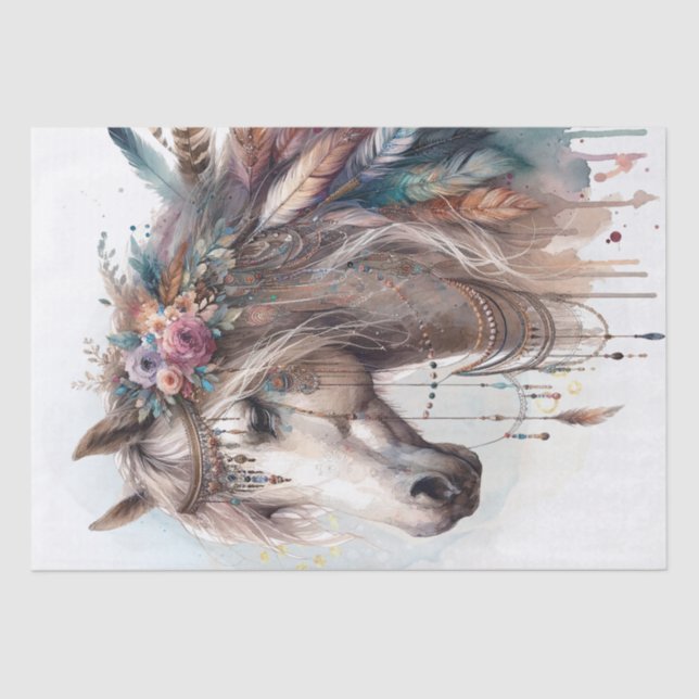 Boho Watercolor Floral Feather Horse Tissue Paper (Front)