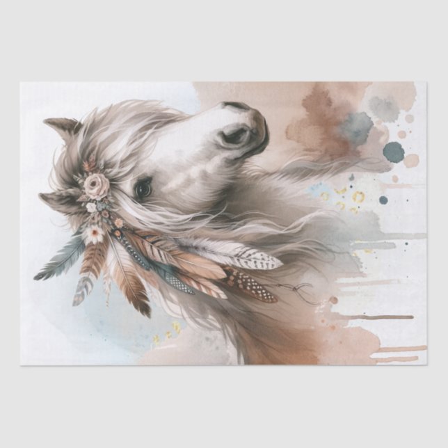 Boho Watercolor Floral Feather Horse Tissue Paper (Front)