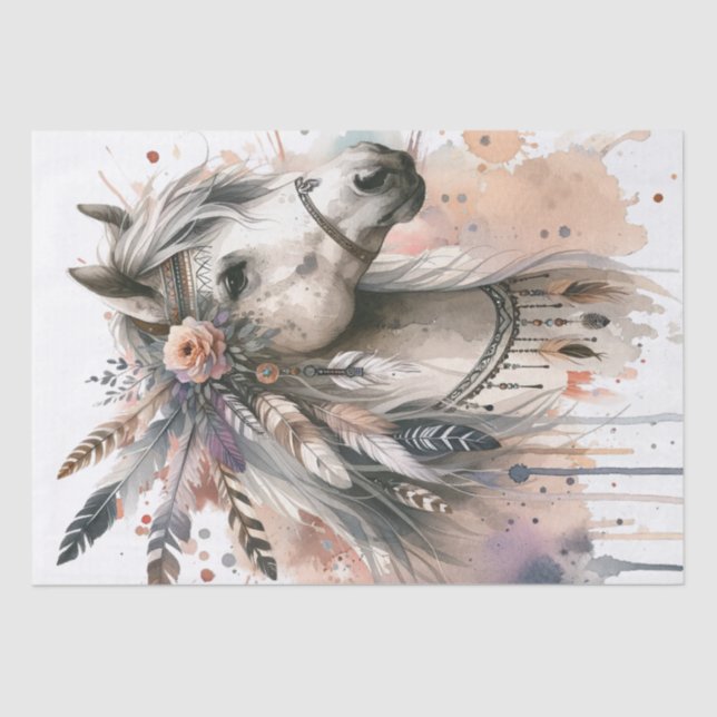 Boho Watercolor Floral Feather Horse Tissue Paper (Front)
