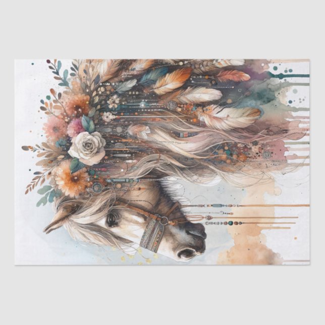 Boho Watercolor Floral Feather Horse Tissue Paper (Front)