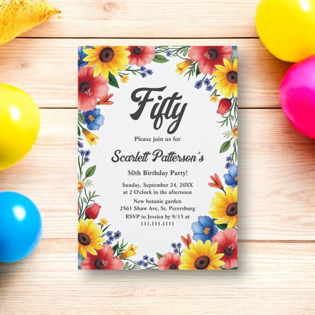 Boho Watercolor Floral Garden Summer 50th Birthday Invitation (Creator Uploaded)
