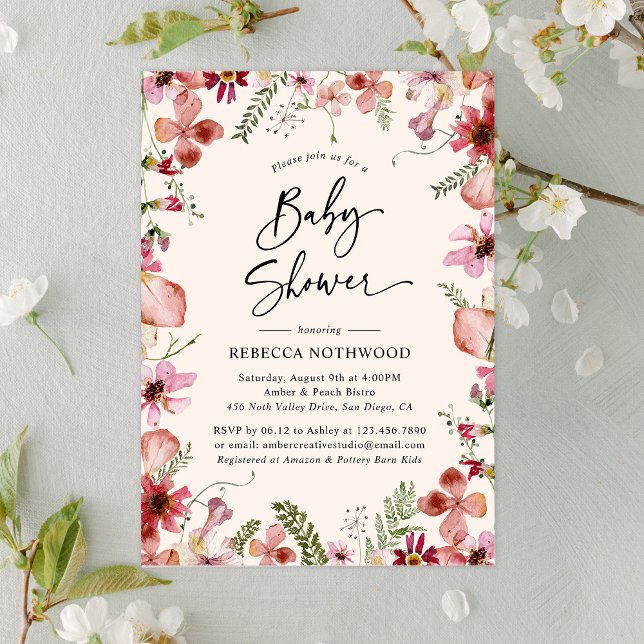 Boho Watercolor Floral Girl Baby Shower Invitation (Creator Uploaded)