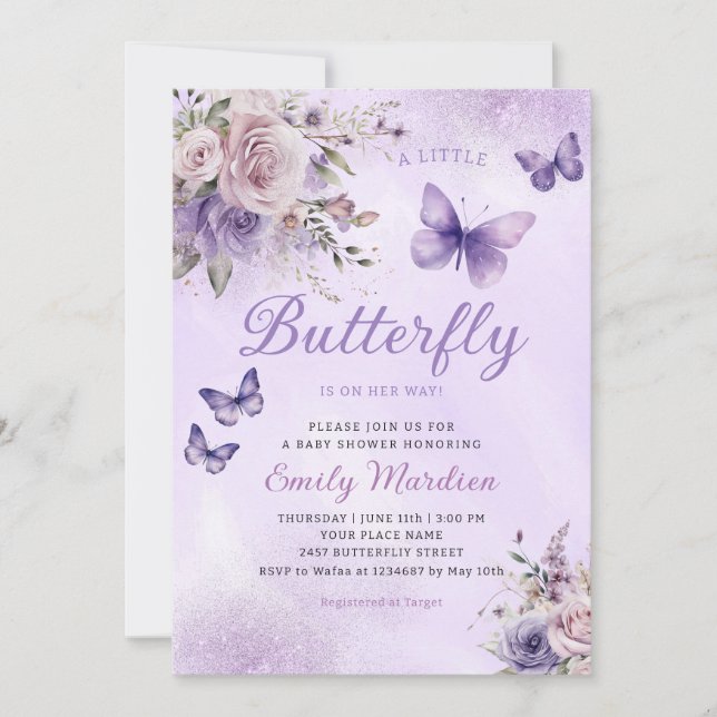 Boho Watercolor Floral Girl Butterfly Baby Shower Invitation (Front)