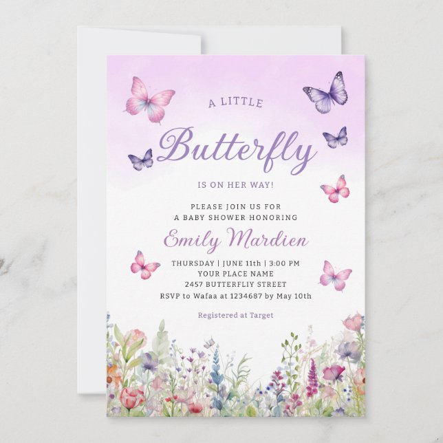 Boho Watercolor Floral Girl Butterfly Baby Shower  Invitation (Front)