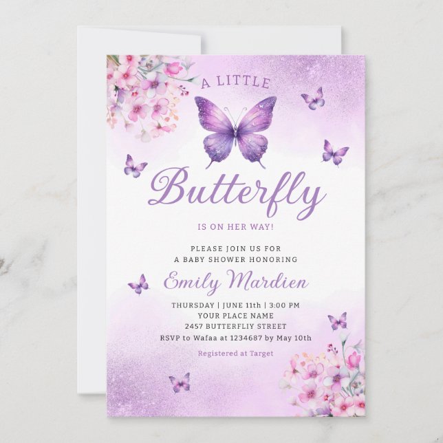 Boho Watercolor Floral Girl Butterfly Baby Shower Invitation (Front)