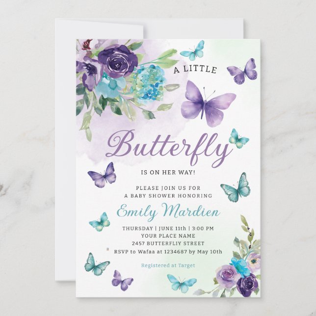 Boho Watercolor Floral Girl Butterfly Baby Shower Invitation (Front)
