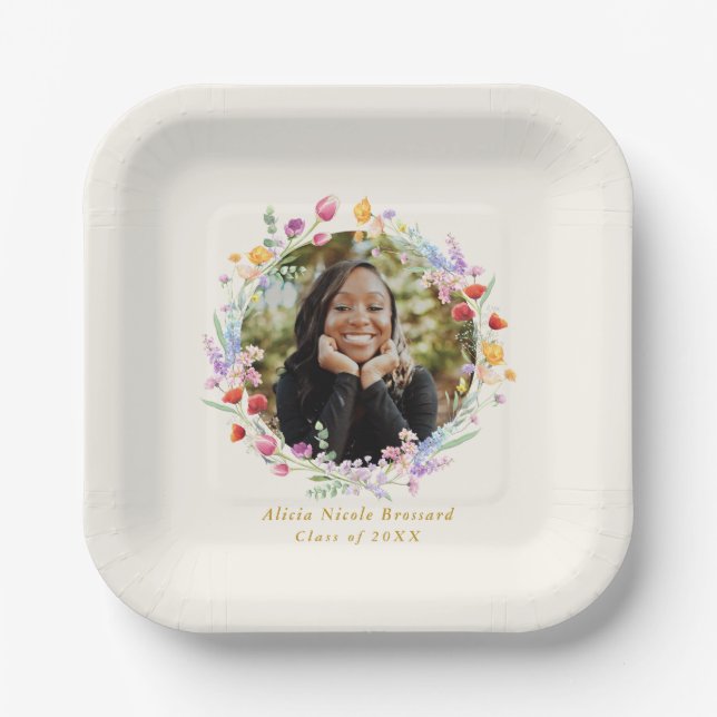 Boho Watercolor Floral Graduation Party Photo Paper Plate (Front)