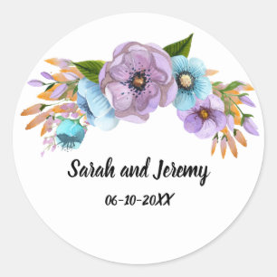 Boho Watercolor Floral Lilac & Teal Personalise Classic Round Sticker