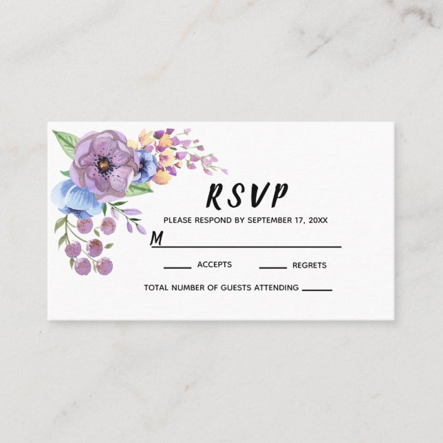 Boho Watercolor Floral Lilac & Teal Personalise Place Card (Front)
