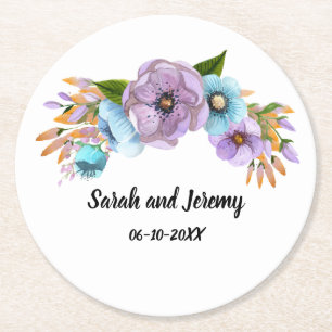 Boho Watercolor Floral Lilac & Teal Personalise Round Paper Coaster