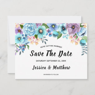 Boho Watercolor Floral Lilac & Teal Personalise Save The Date
