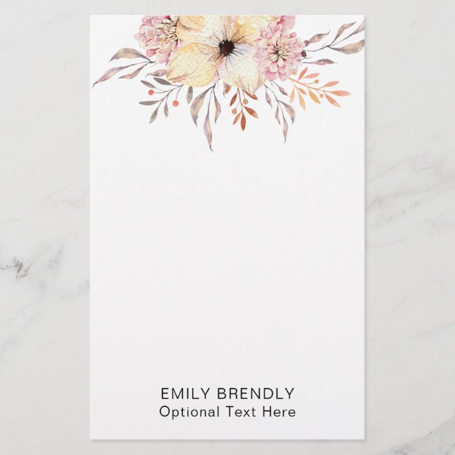 Boho Watercolor Floral Monogram Name Stationery (Front)