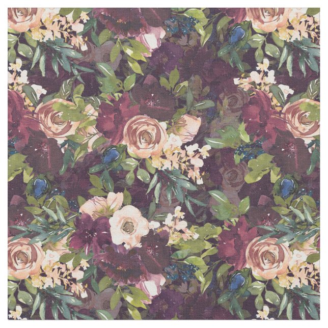 Boho Watercolor Floral Pattern - Burgundy Fabric (Close Up)