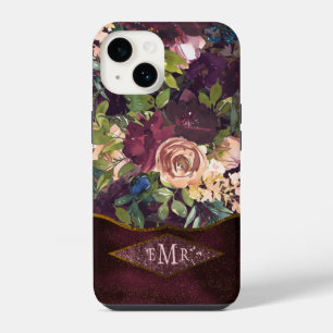 Boho Watercolor Floral Pattern - Burgundy Monogram iPhone 14 Case