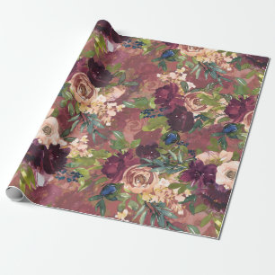 Boho Watercolor Floral Pattern - Burgundy   Rose Wrapping Paper