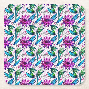 Boho Watercolor Floral Pattern Square Paper Coaster