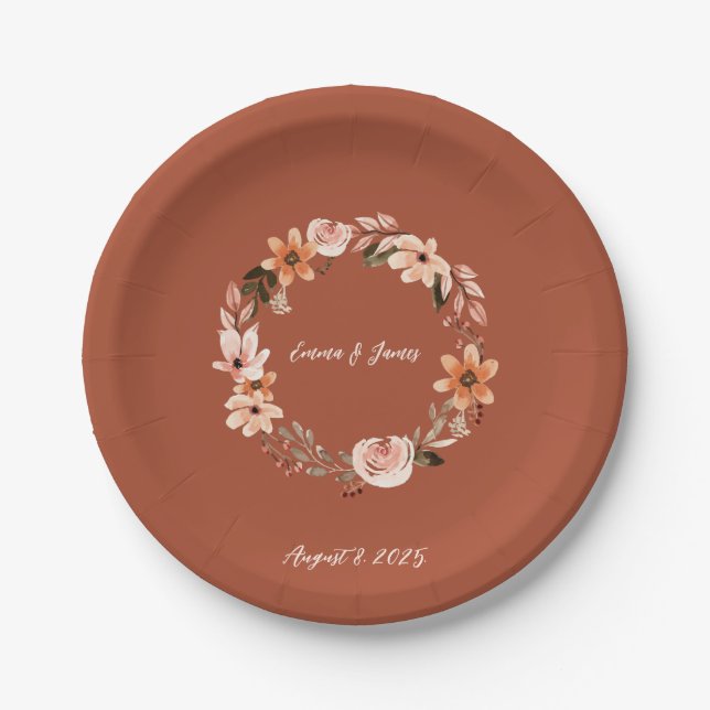 Boho Watercolor Floral Personalised  Paper Plate (Front)
