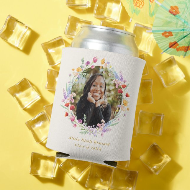 Boho Watercolor Floral Photo Graduation Favour Can Cooler (In Situ Summer)