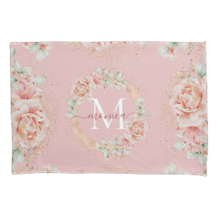 Boho Watercolor Floral Roses Blush Pink Sage Green Pillowcase