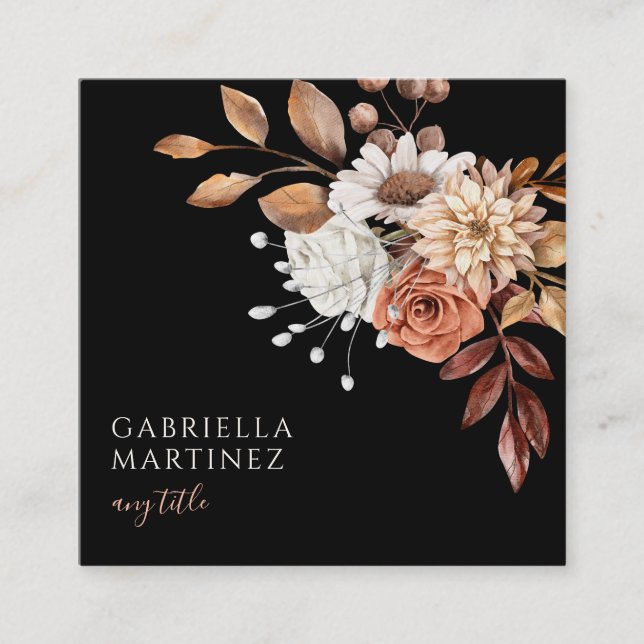 Boho Watercolor Floral Terracotta White Black Square Business Card (Front)