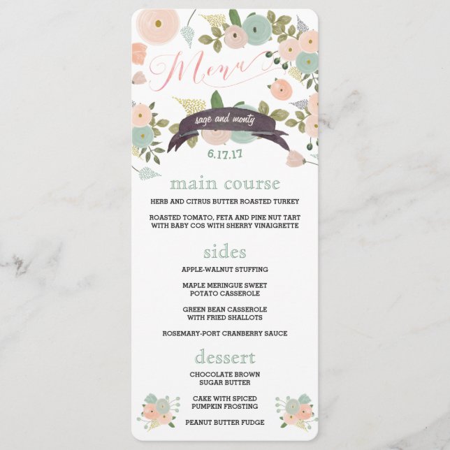 Boho Watercolor Floral Wedding Dinner Menus (Front)
