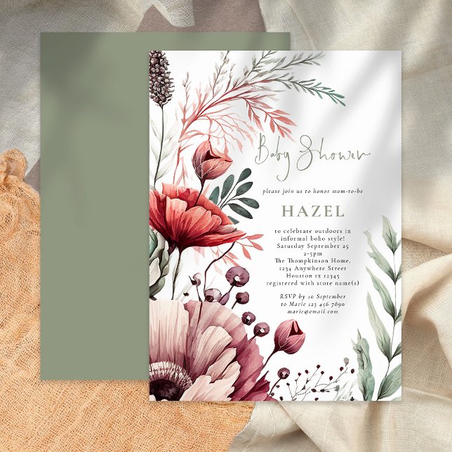 Boho Watercolor Florals Burgundy Sage Baby Shower Invitation (Creator Uploaded)