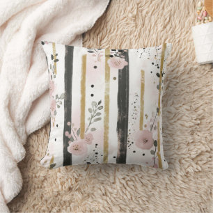 Boho Watercolor Florals Stripes Gold Pink Black Cushion