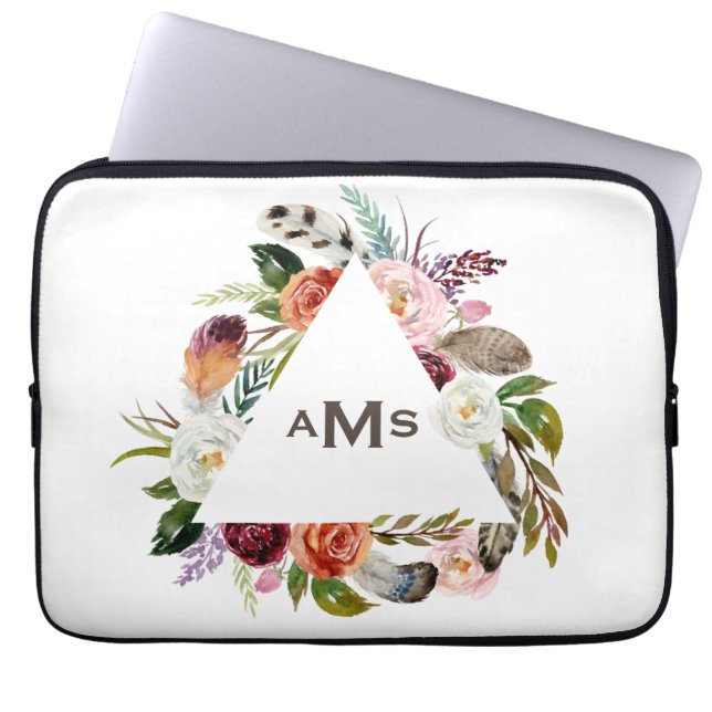 Boho Watercolor Florals Triangle Frame Monogram Laptop Sleeve (Front)