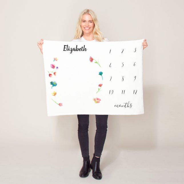 Boho Watercolor flower baby milestone monthly Fleece Blanket (In Situ)