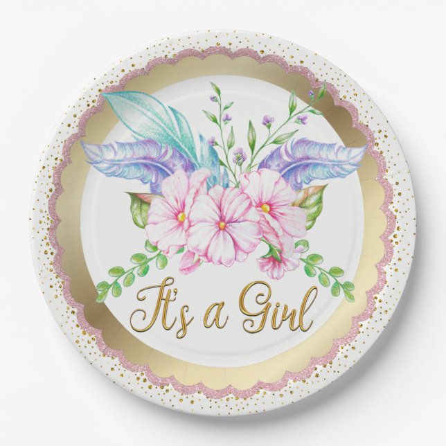 Boho Watercolor Flower Baby Shower Paper Plates (Front)
