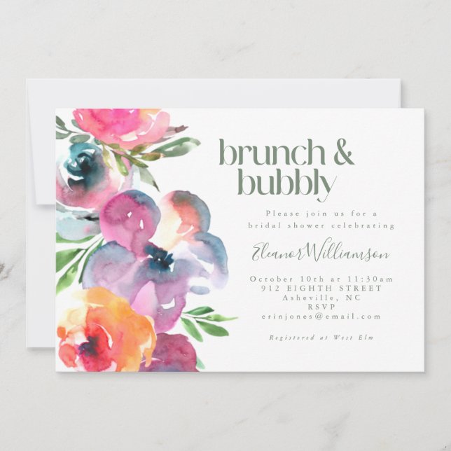 Boho Watercolor Flower Bridal Shower Brunch Bubbly Invitation (Front)