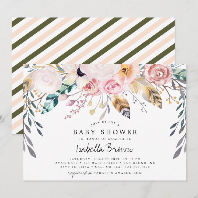 Boho watercolor flowers and feathers baby shower invitation (Front/Back)