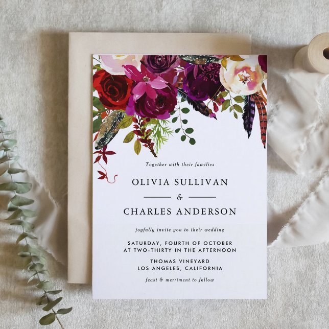 Boho Watercolor Flowers and Feathers Fall Wedding Invitation (Watercolor Boho Floral Autumn Wedding Invitation)