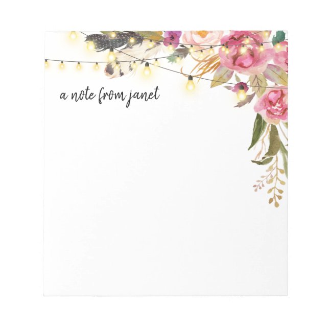 Boho Watercolor Flowers and Feathers Personalised Notepad (Front)